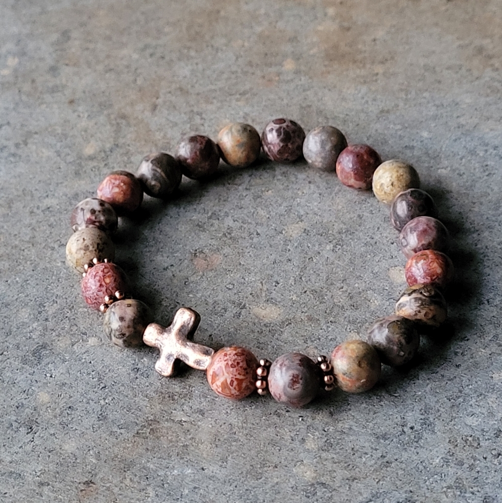 Leopard Jasper Stone Cross Handmade Bracelet